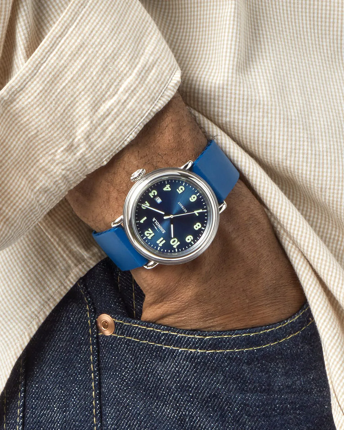 Shinola Runwell Detrola 3HD 41mm, Blue Rubber Strap - Blue | Dress