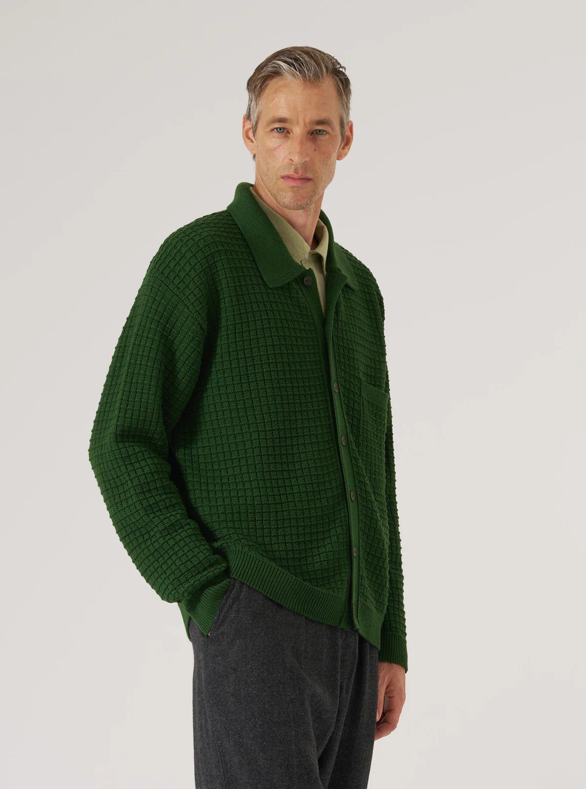Universal Works Charlie Merino Textured Cardigan - Green