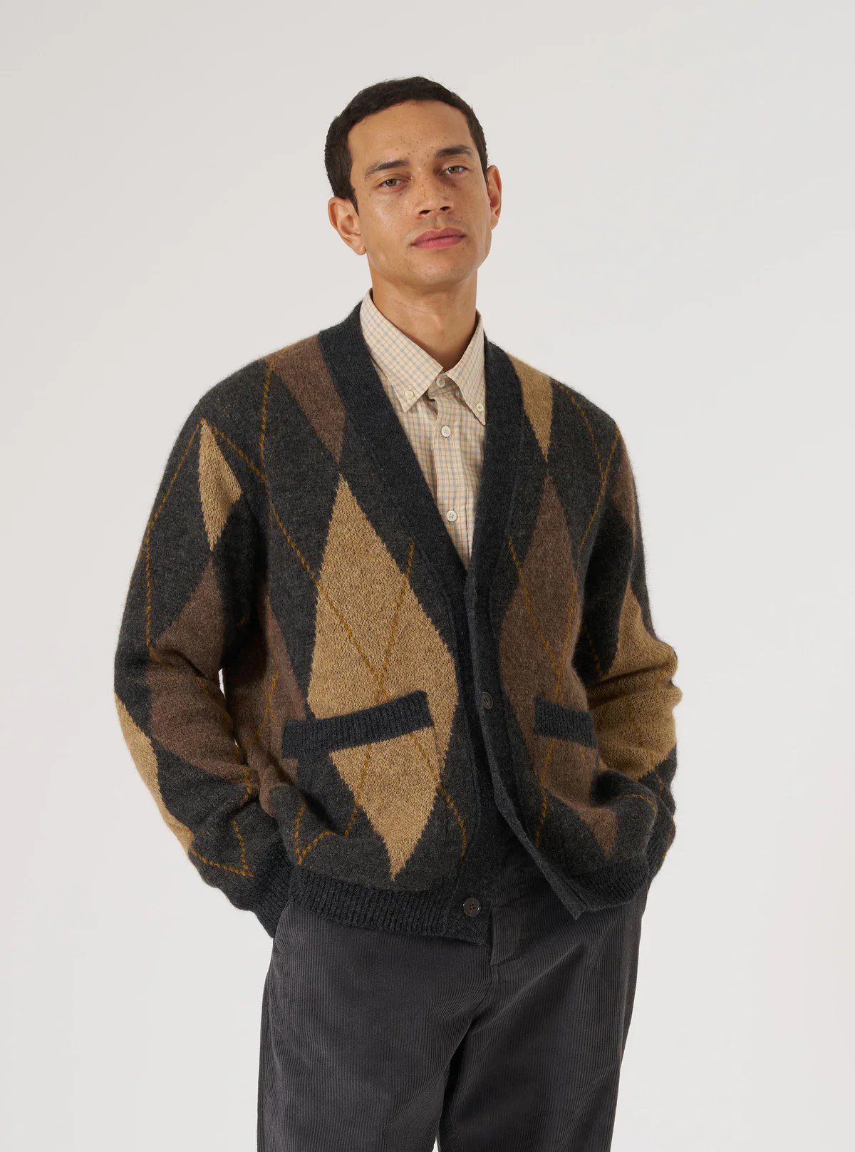 Universal Works Langdale Alpaca Argyle Cardigan - Brown | Cardigan