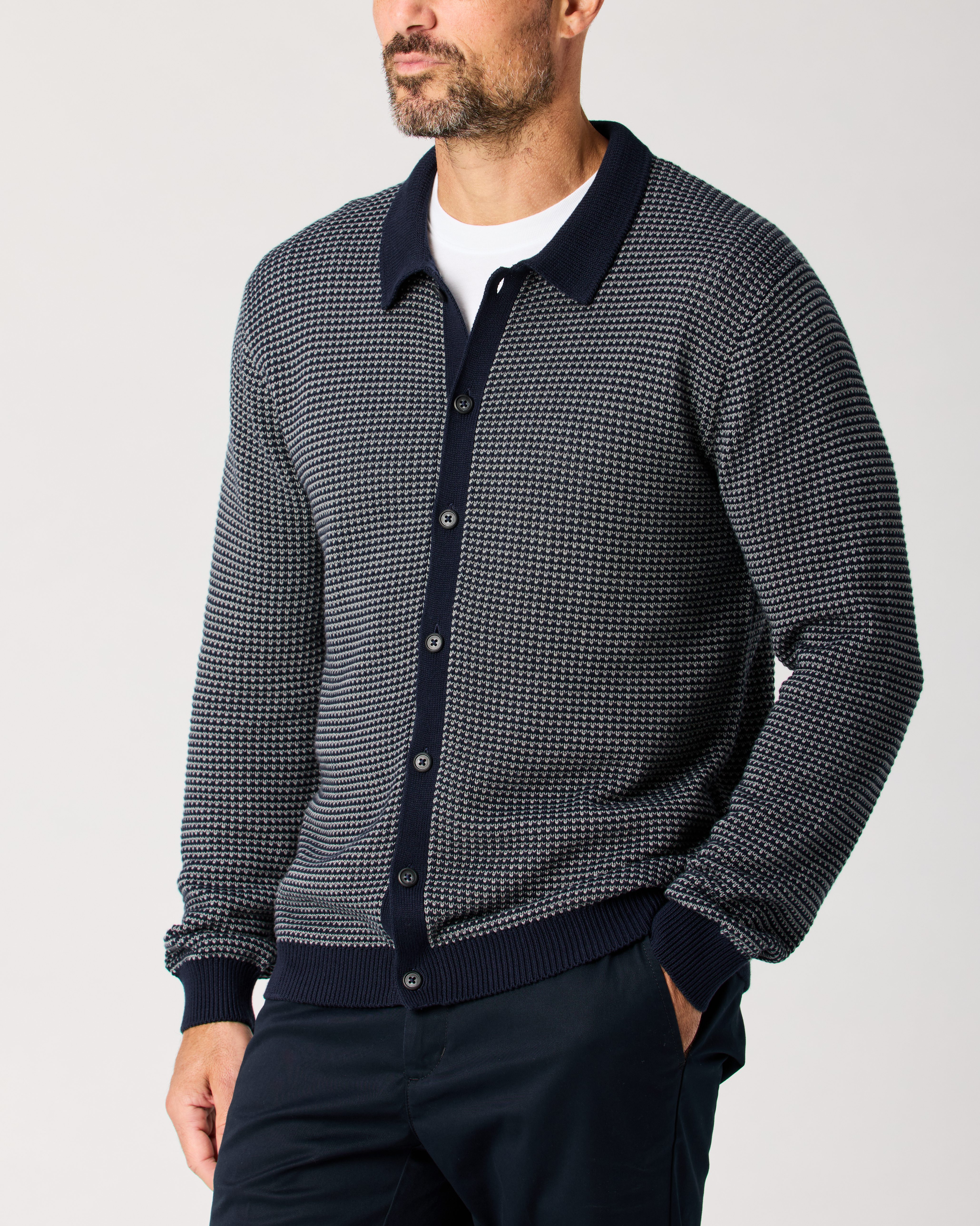Flint and Tinder Birdseye Cotton Polo Cardigan - Dark Navy