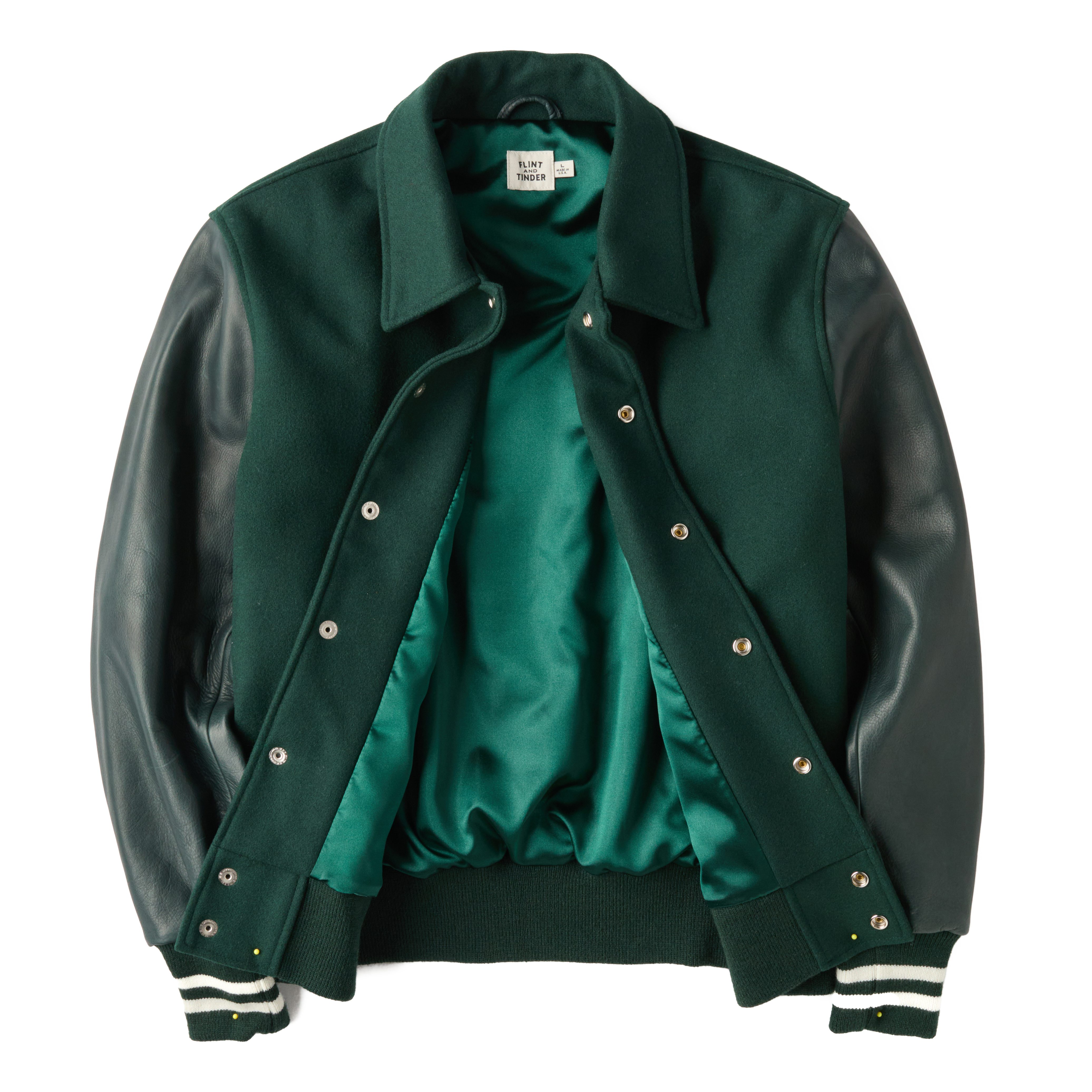Flint and Tinder Leather Wool Varsity Jacket - Evergreen