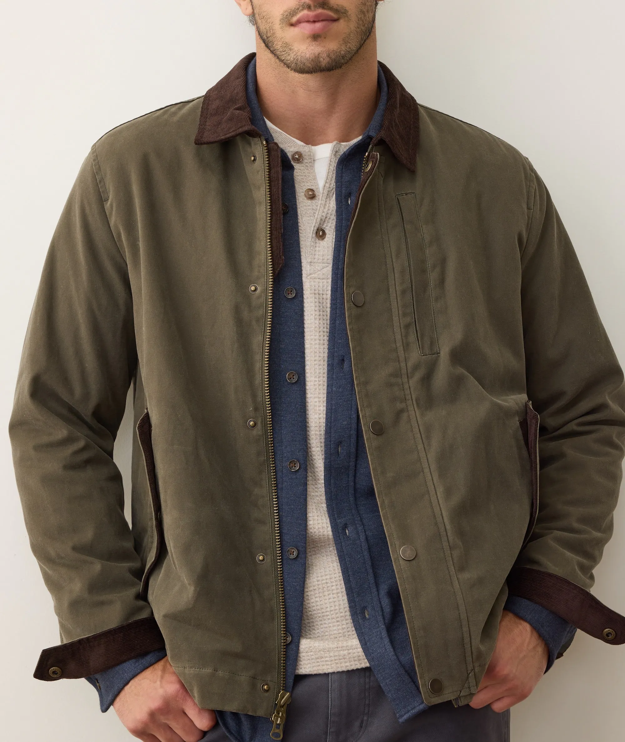 Marine Layer Weston Wax Canvas Barn Jacket - Olive | Waxed Jackets 