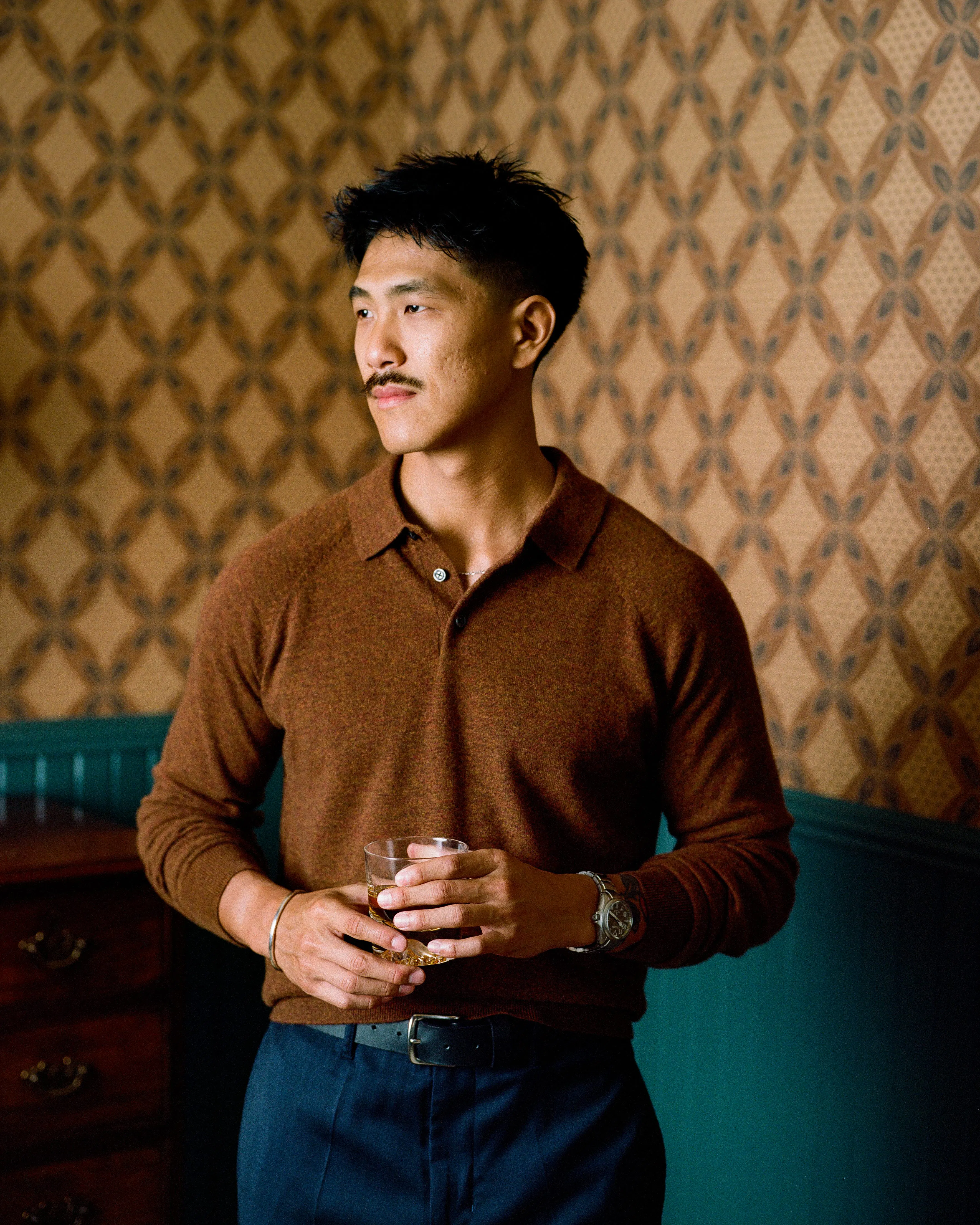 Wills EasyCash Merino Long Sleeve Polo - Wood Grain | Sweater