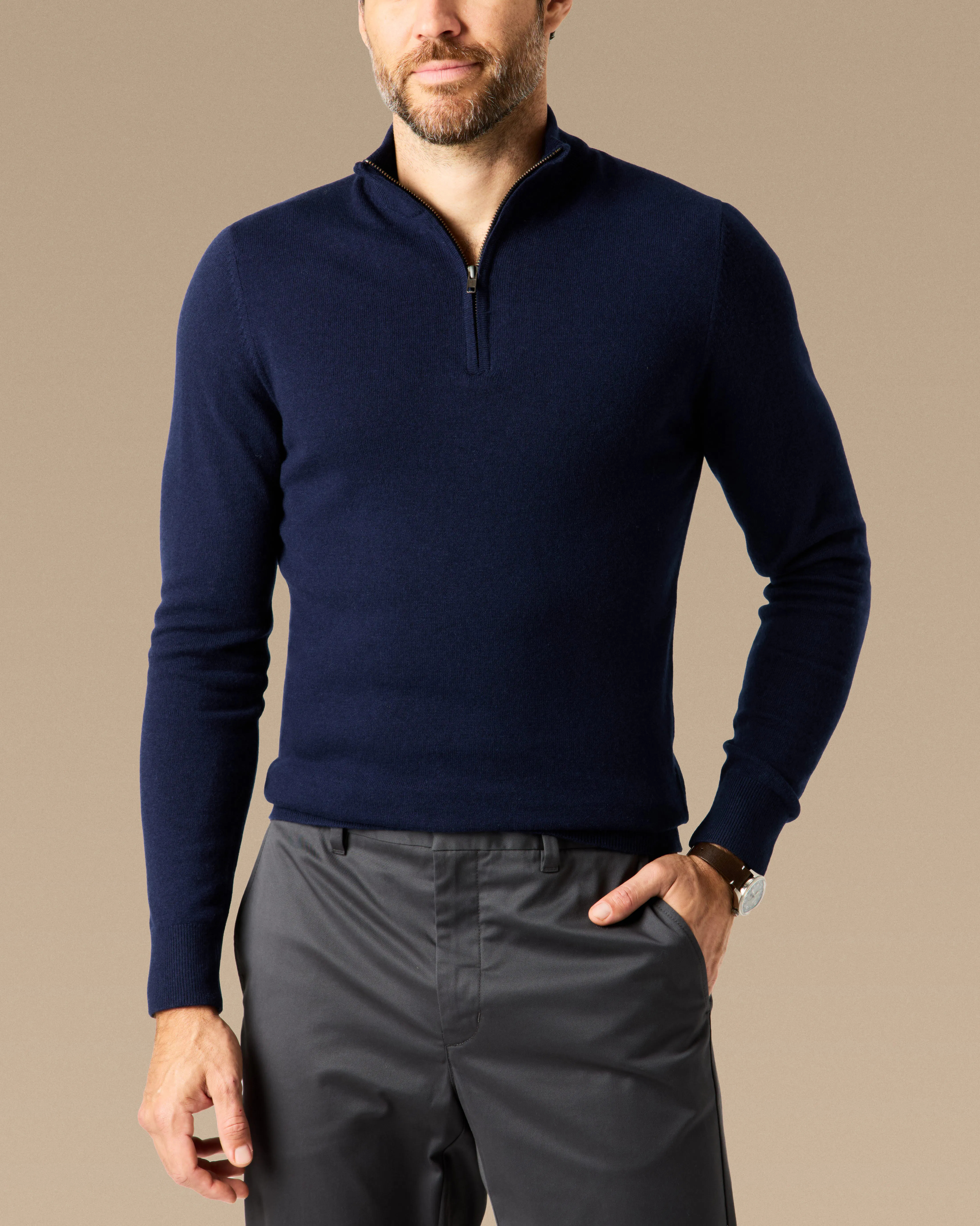 Wills EasyCash Merino Quarter Zip Sweater - Navy | Quarter-Zip