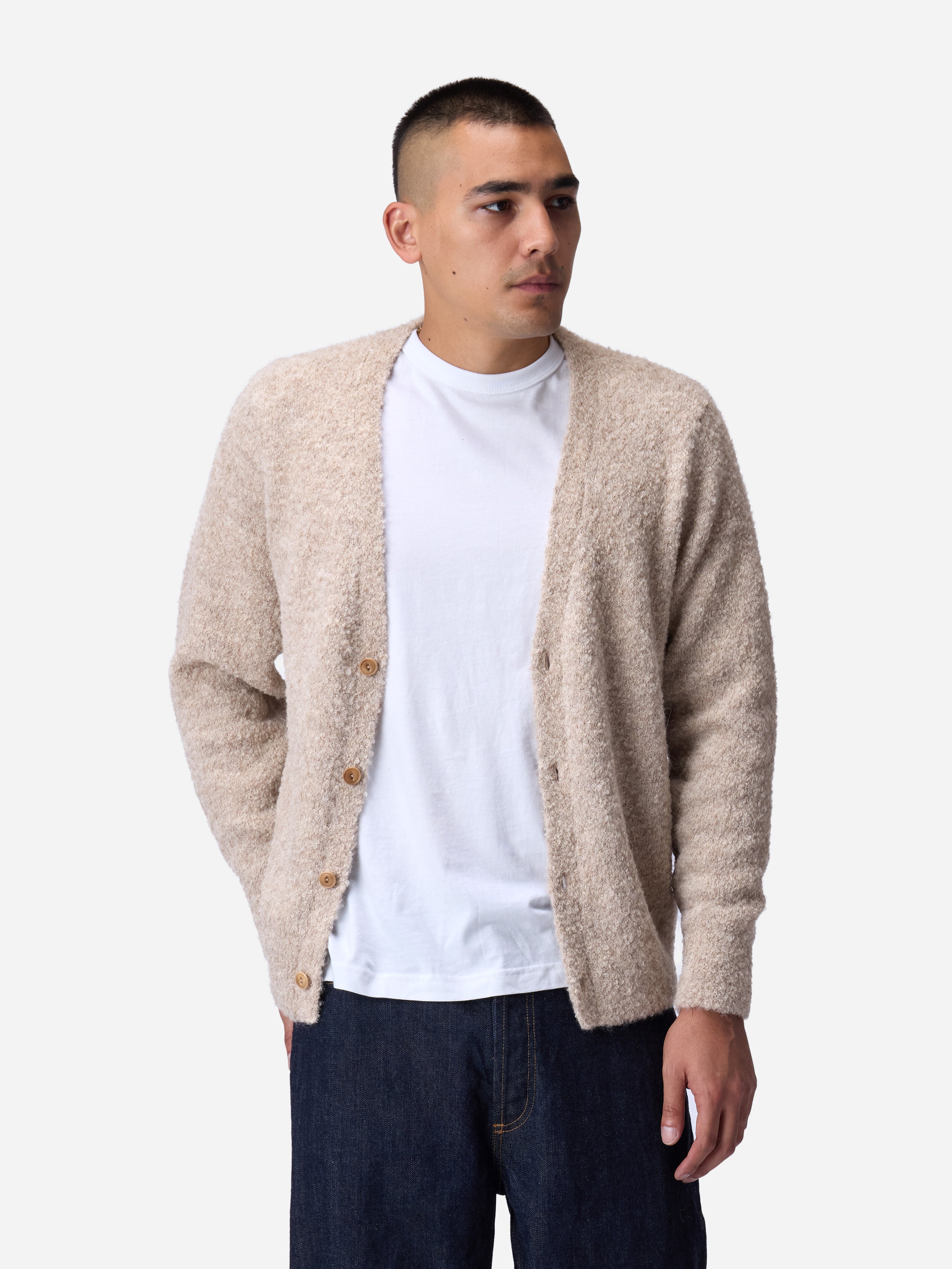 ounce 韓国 fog alpaca boucle knit cardigan 3sixteen Boucle Alpaca V-Neck Cardigan - Khaki | Cardigan Sweaters