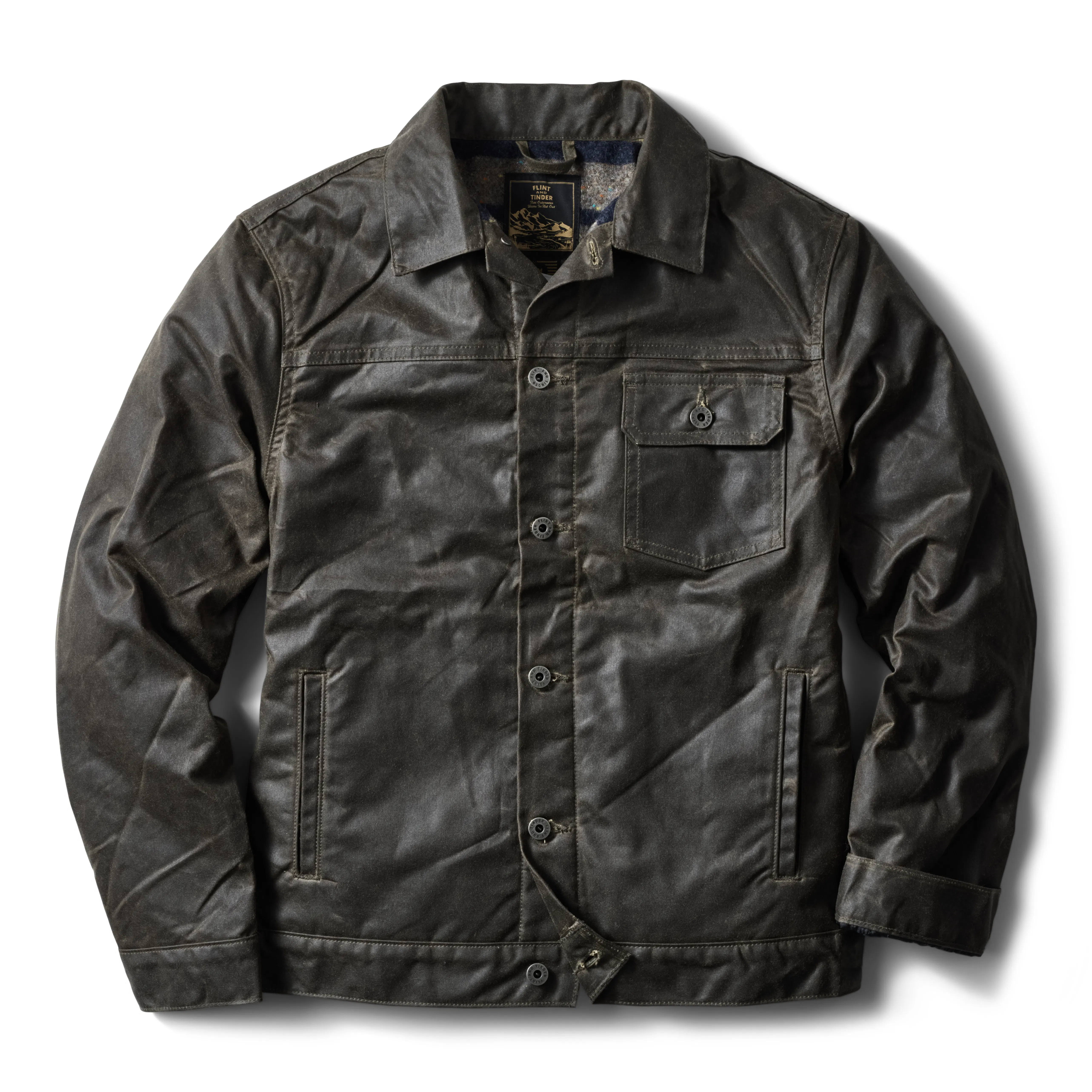 Flint and Tinder Japanese Wool-Lined Waxed Trucker Jacket - Forest
